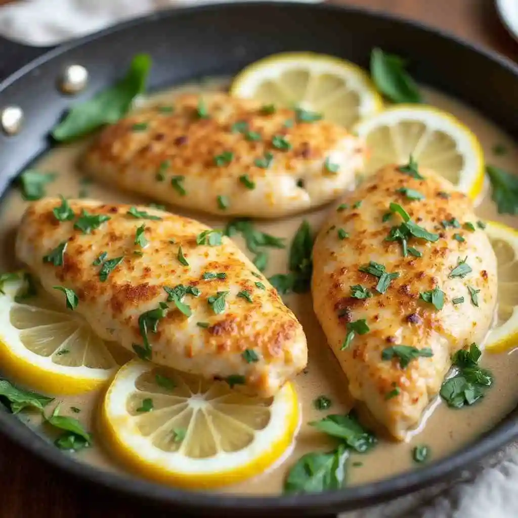 A plate of creamy lemon chicken piccata with golden chicken breasts covered in a rich, tangy lemon sauce and garnished with fresh parsley.