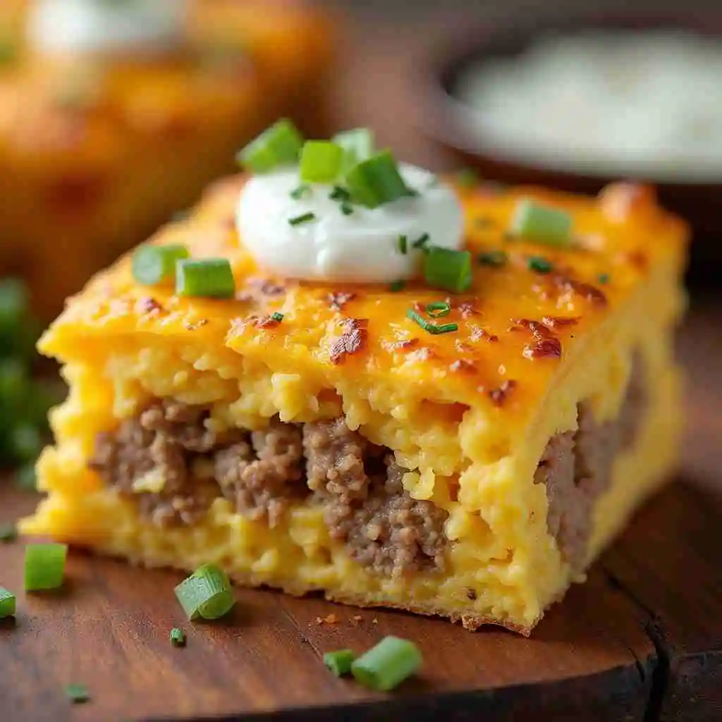 A close-up view of a slice of Breakfast Crunchwrap Casserole, displaying layers of scrambled eggs, sausage, and cheese, garnished with green onions and a creamy drizzle.