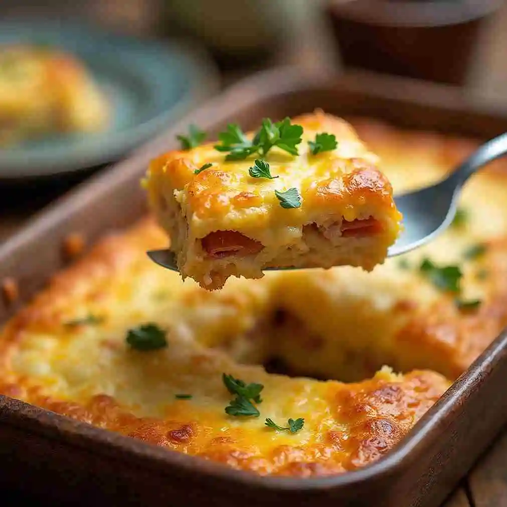 A freshly baked Crescent Roll Breakfast Casserole cut into squares, with a serving spatula lifting a piece, garnished with chopped herbs.