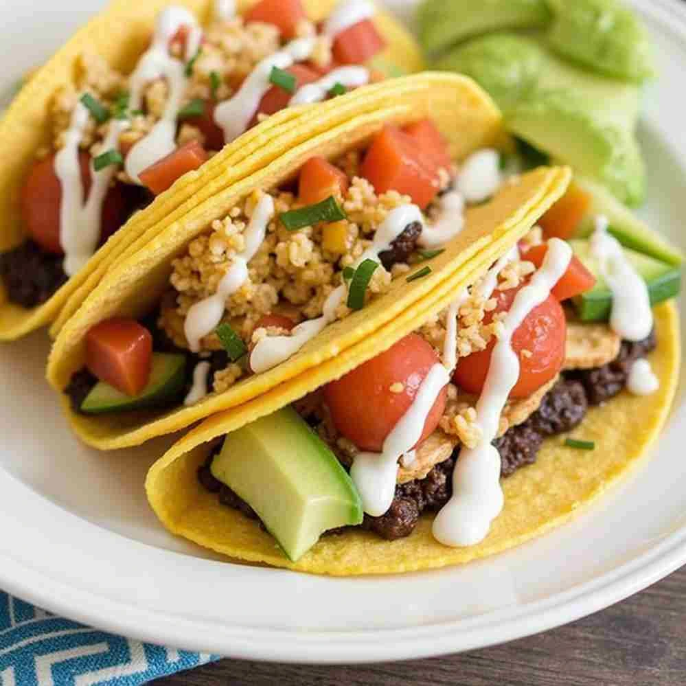 A close-up of a seven layer breakfast taco with scrambled eggs, bacon, avocado, salsa, and cheese on a warm tortilla, garnished with lime and fresh herbs.