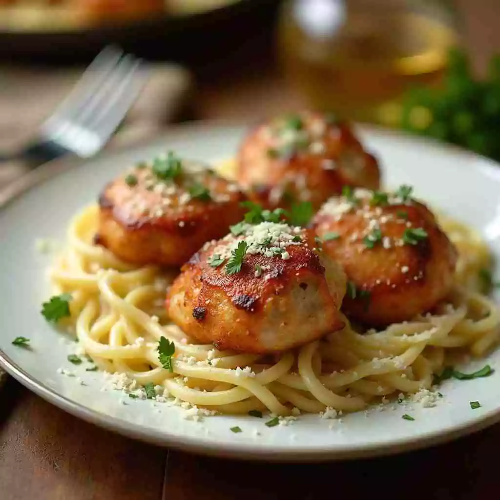 A plate of Garlic Butter Chicken Bites served on creamy Parmesan pasta, garnished with fresh parsley in a cozy kitchen setting.