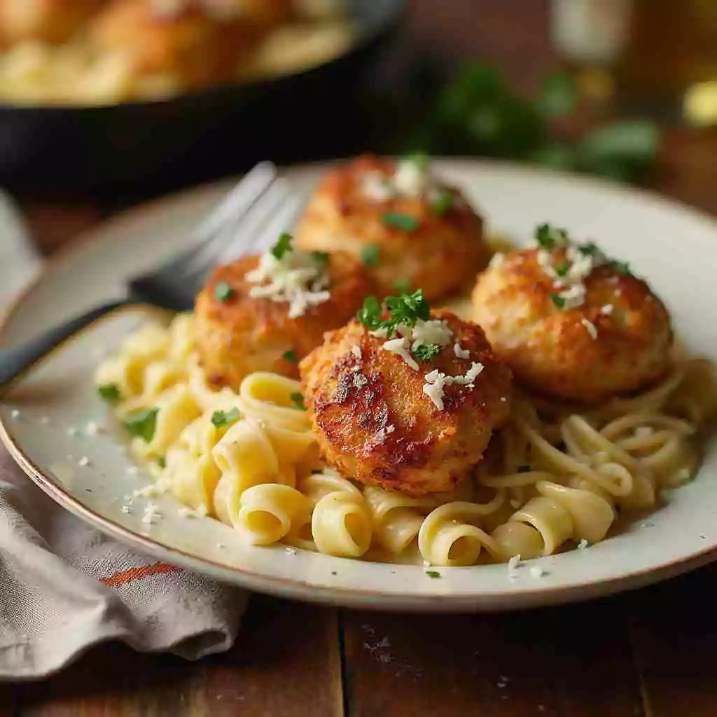 A plate of Garlic Butter Chicken Bites served on creamy Parmesan pasta, garnished with fresh parsley in a cozy kitchen setting.