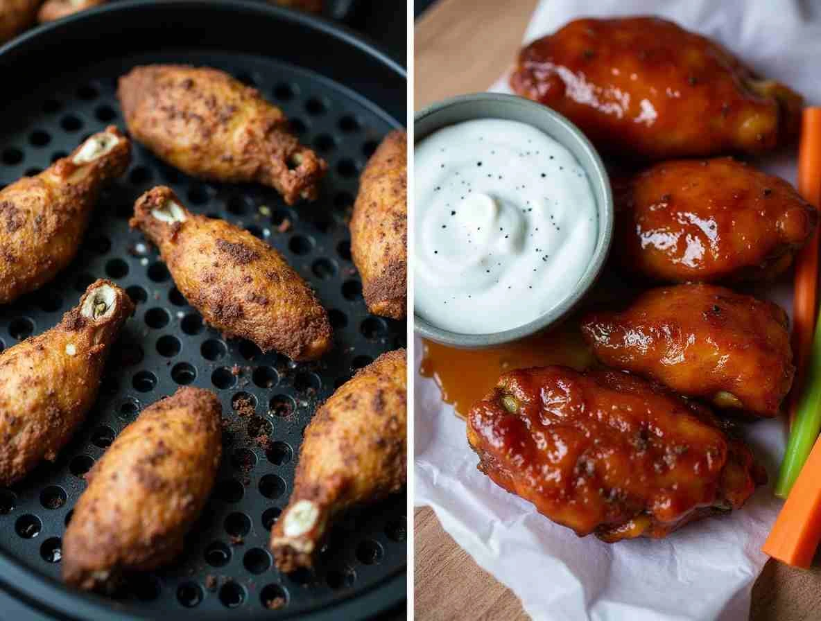 Step-by-step guide to cooking air fryer chicken wings, showing wings in the air fryer basket, flipping halfway, and tossing in sauce
