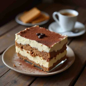 A serving of Tiramisu on a plate with a cup of espresso and fresh berries on the side.
