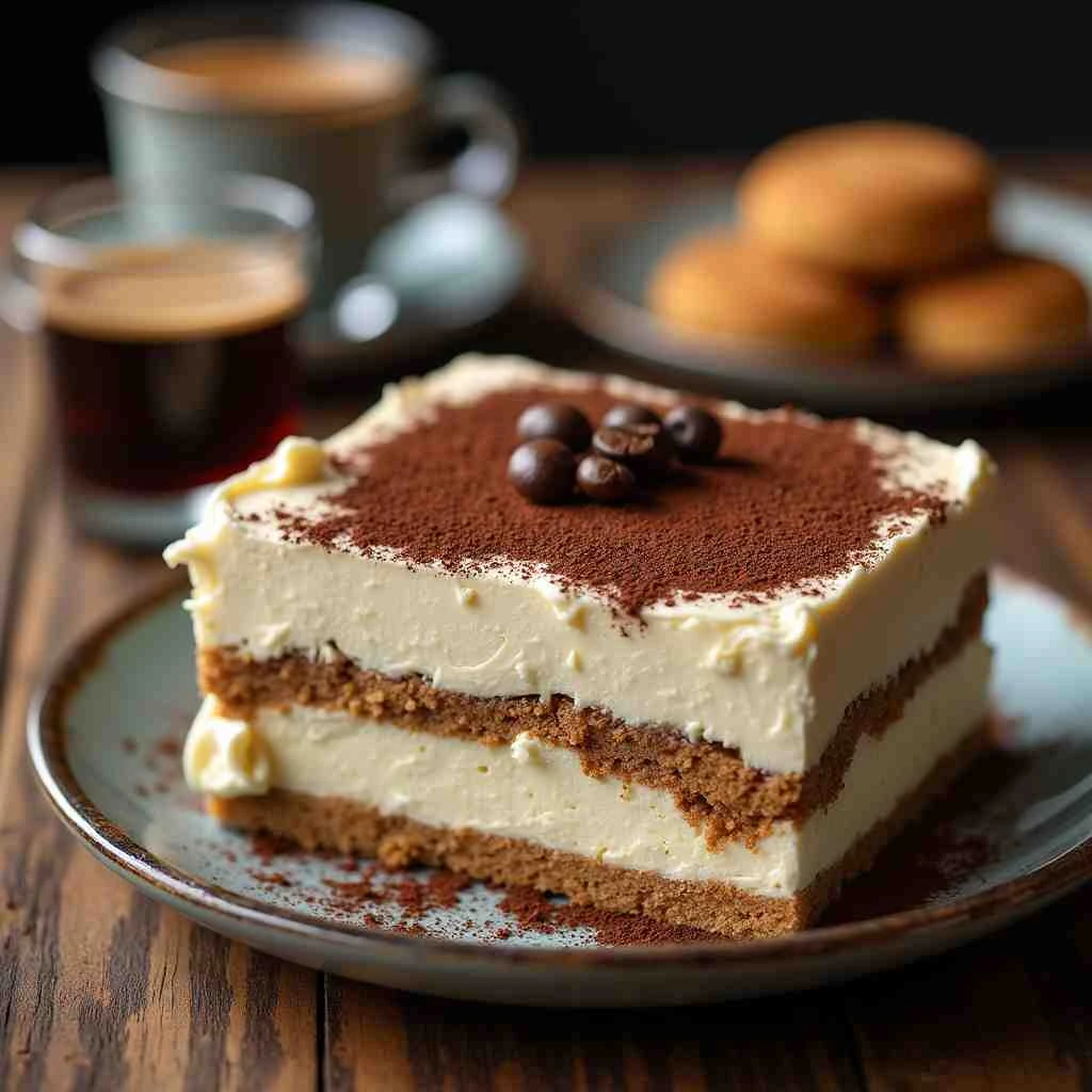 A slice of classic Italian Tiramisu with creamy mascarpone layers, coffee-soaked ladyfingers, and a dusting of cocoa powder