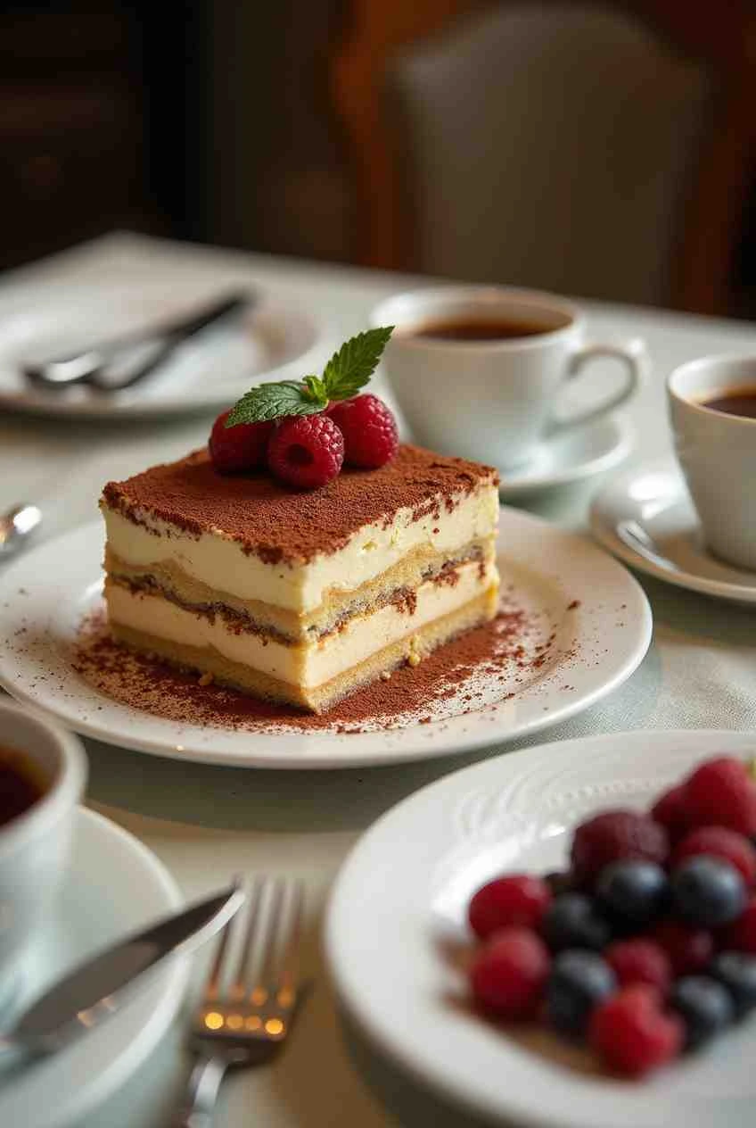 Flat-lay of ingredients for Tiramisu, including mascarpone cheese, ladyfingers, eggs, sugar, coffee, and cocoa powder