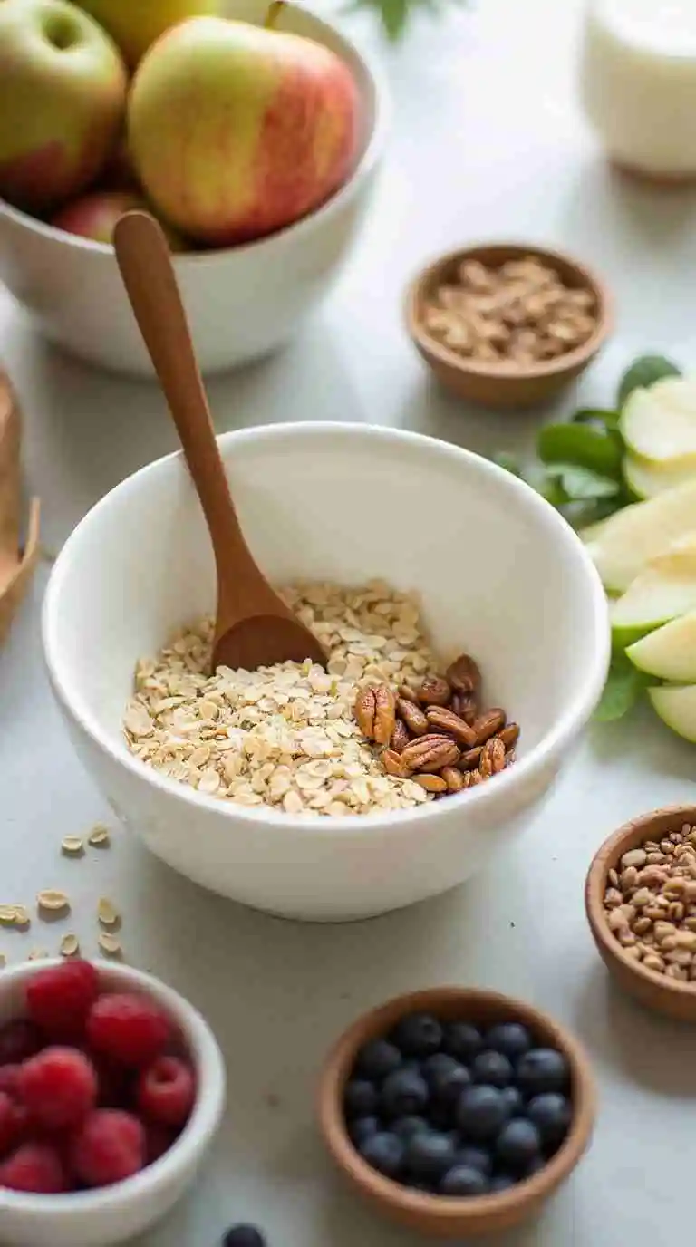 Bircher muesli topped with fresh fruits, nuts, and honey