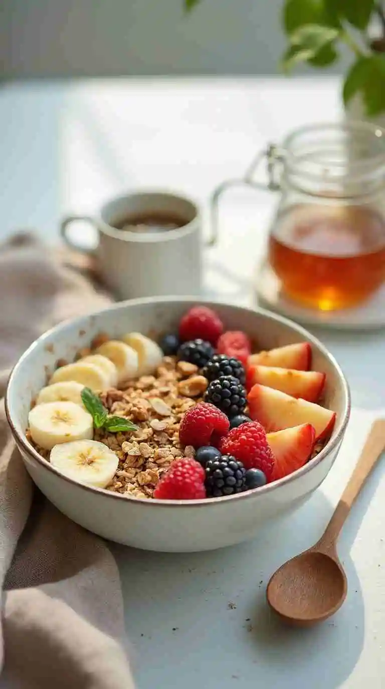 Mixing oats, yogurt, and fruit for Bircher muesli