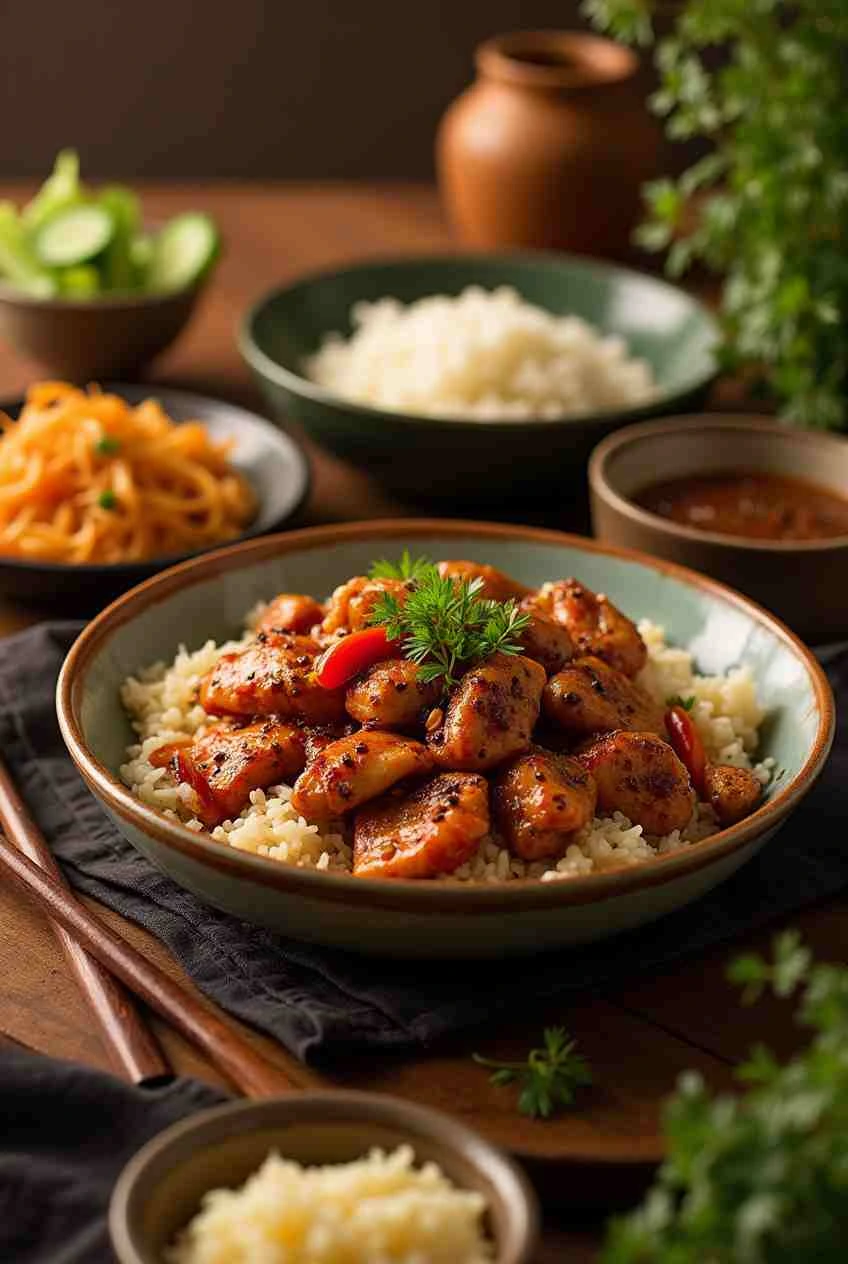 Step-by-step cooking process of Black Pepper Chicken: marinating chicken, stir-frying vegetables, and tossing everything in a glossy black pepper sauce