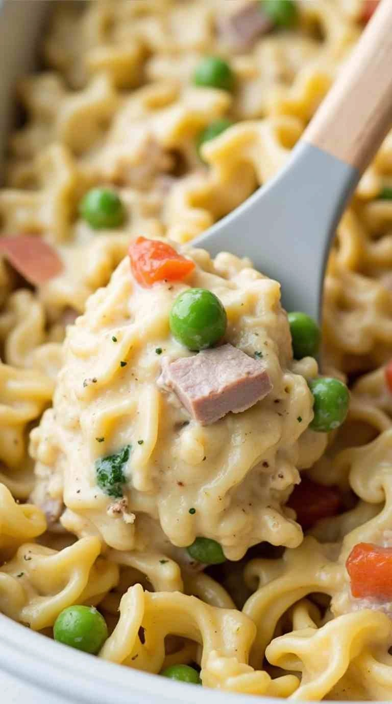 Golden-brown chicken noodle casserole in a white ceramic dish with creamy noodles, chicken, peas, and carrots, topped with crispy breadcrumbs