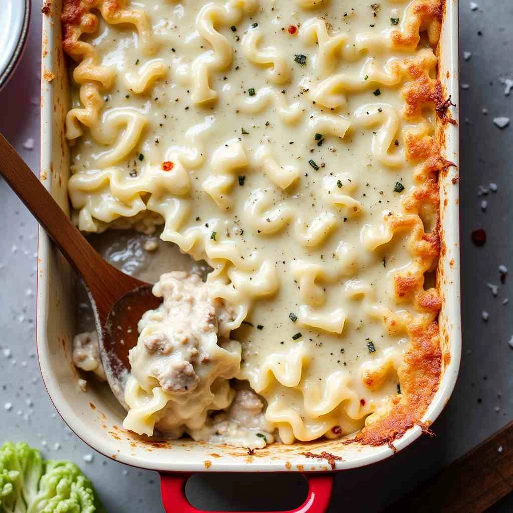 A freshly baked chicken noodle casserole sits in a white ceramic dish, showcasing its golden-brown breadcrumb topping. The creamy noodles, tender chicken, and vibrant peas and carrots are visible, creating a hearty and inviting dish. Perfect for cozy family meals or meal prep!