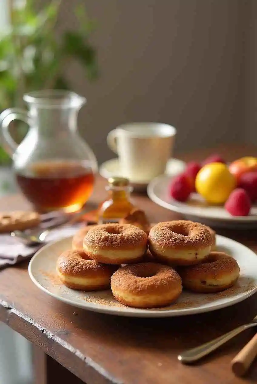 Close-up of air fryer donuts coated with cinnamon sugar, sitting on a rustic wooden counter with soft natural light