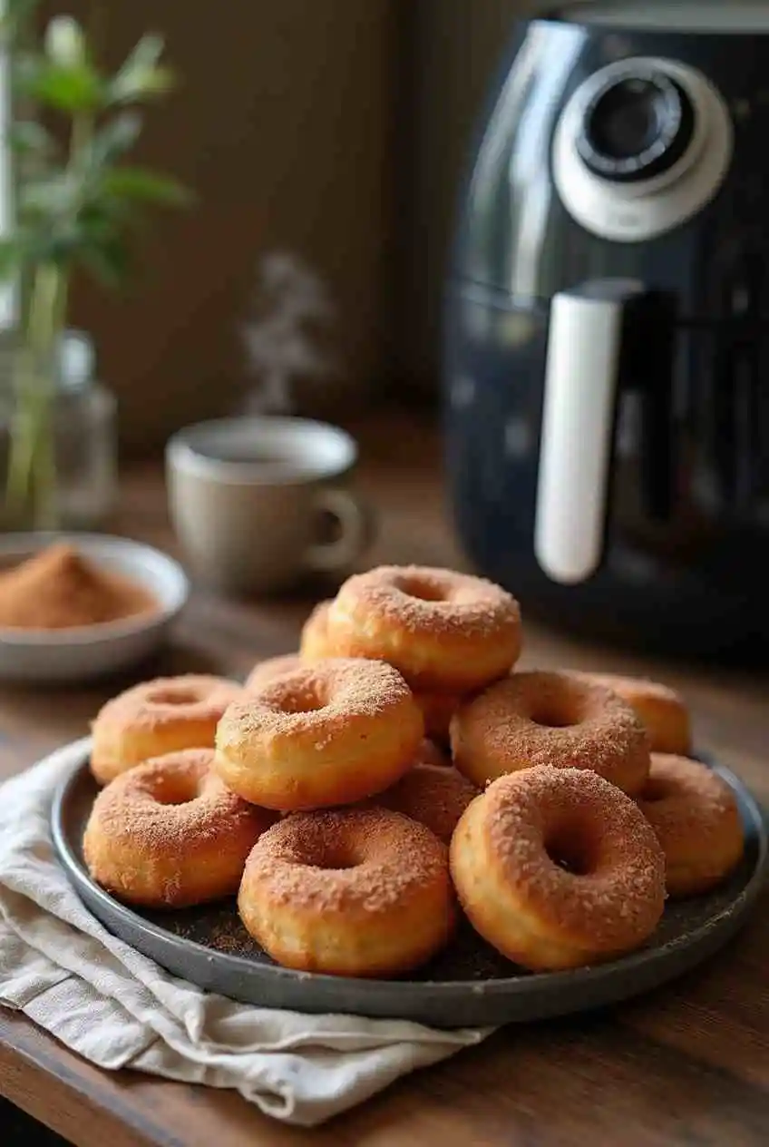 Freshly made cinnamon sugar biscuit donuts with an air fryer in the background, surrounded by warm and inviting kitchen decor.