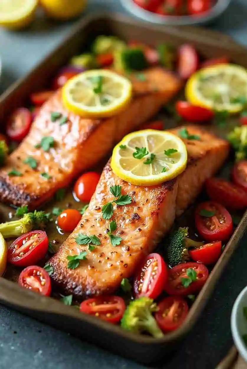 Salmon fillets being brushed with lemon garlic marinade on a sheet pan.