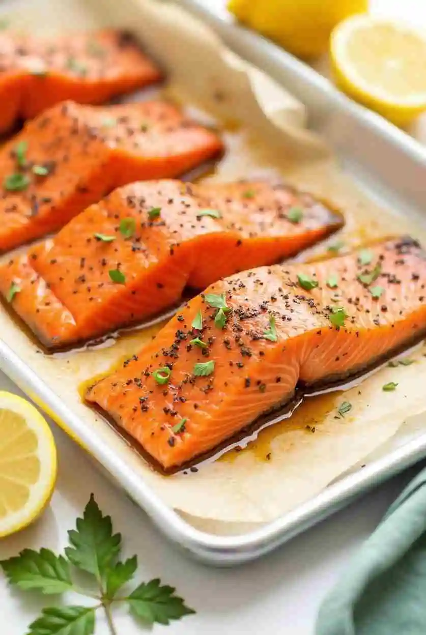 Salmon fillets and vegetables roasting in the oven on a sheet pan.