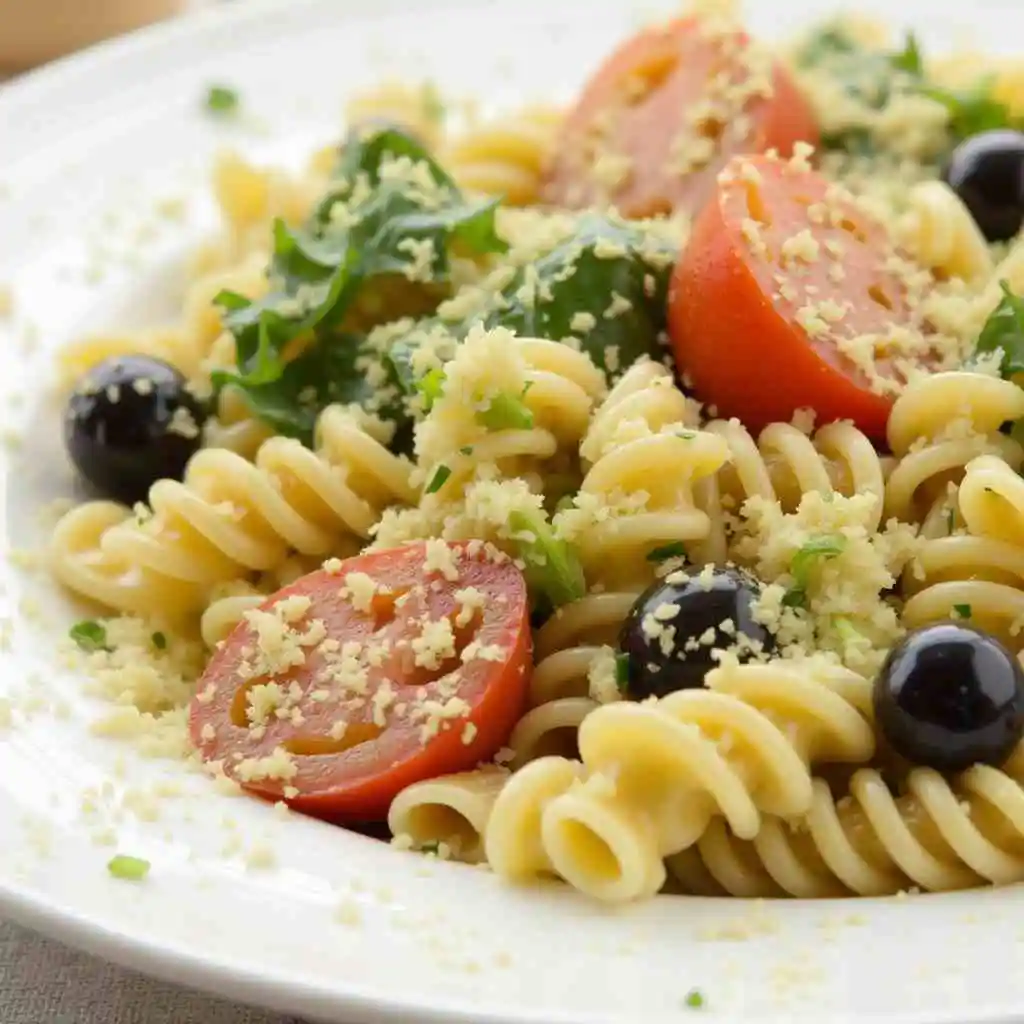 A colorful Pasta House Salad featuring mixed greens, cherry tomatoes, olives, and pasta, drizzled with a light vinaigrette.