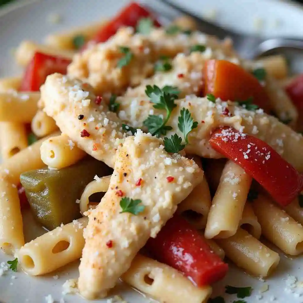 A plate of Rattlesnake Pasta garnished with fresh herbs and served with a side of garlic bread.