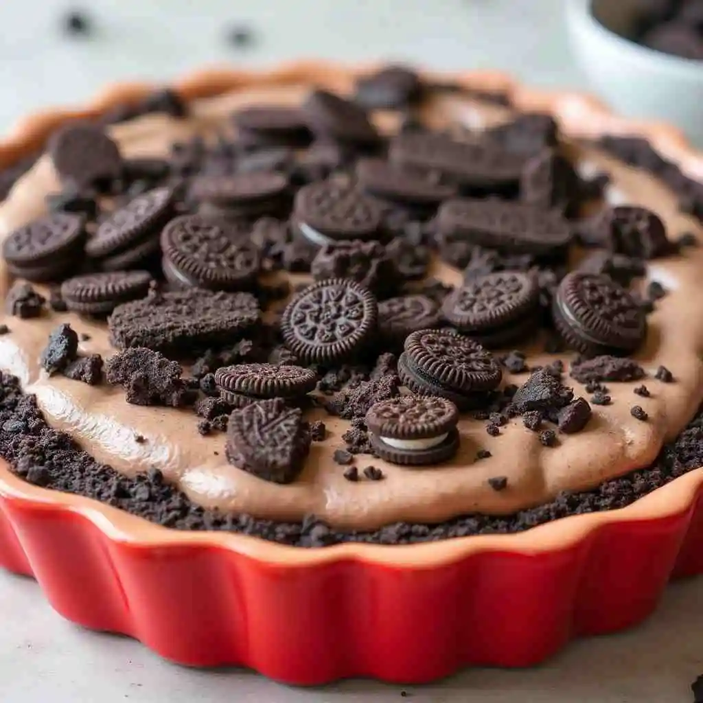 A whole No Bake Oreo Mud Pie on a rustic table, topped with whipped cream, crushed Oreos, and chocolate shavings.