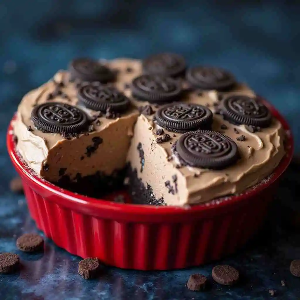 Close-up of a slice of No Bake Oreo Mud Pie showing layers of Oreo crust, chocolate pudding, and whipped cream, garnished with chocolate drizzle