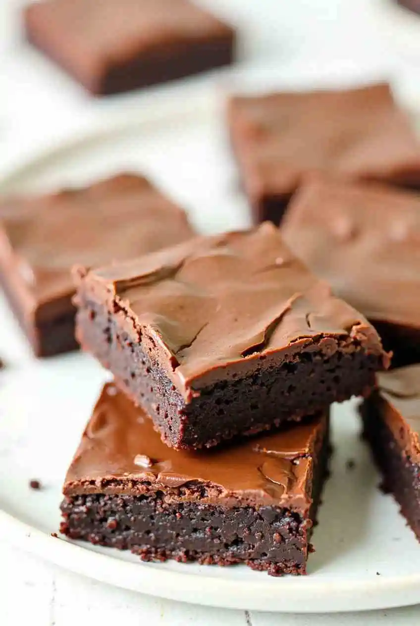 Three-ingredient Nutella brownies displayed on a white plate, showcasing their rich chocolate color and glossy texture.