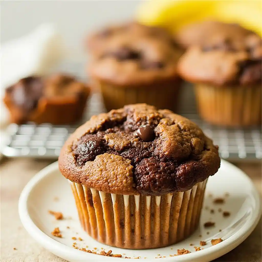 Freshly baked Banana Chocolate Swirl Muffins with a beautiful marbled chocolate pattern on top, cooling on a wire rack