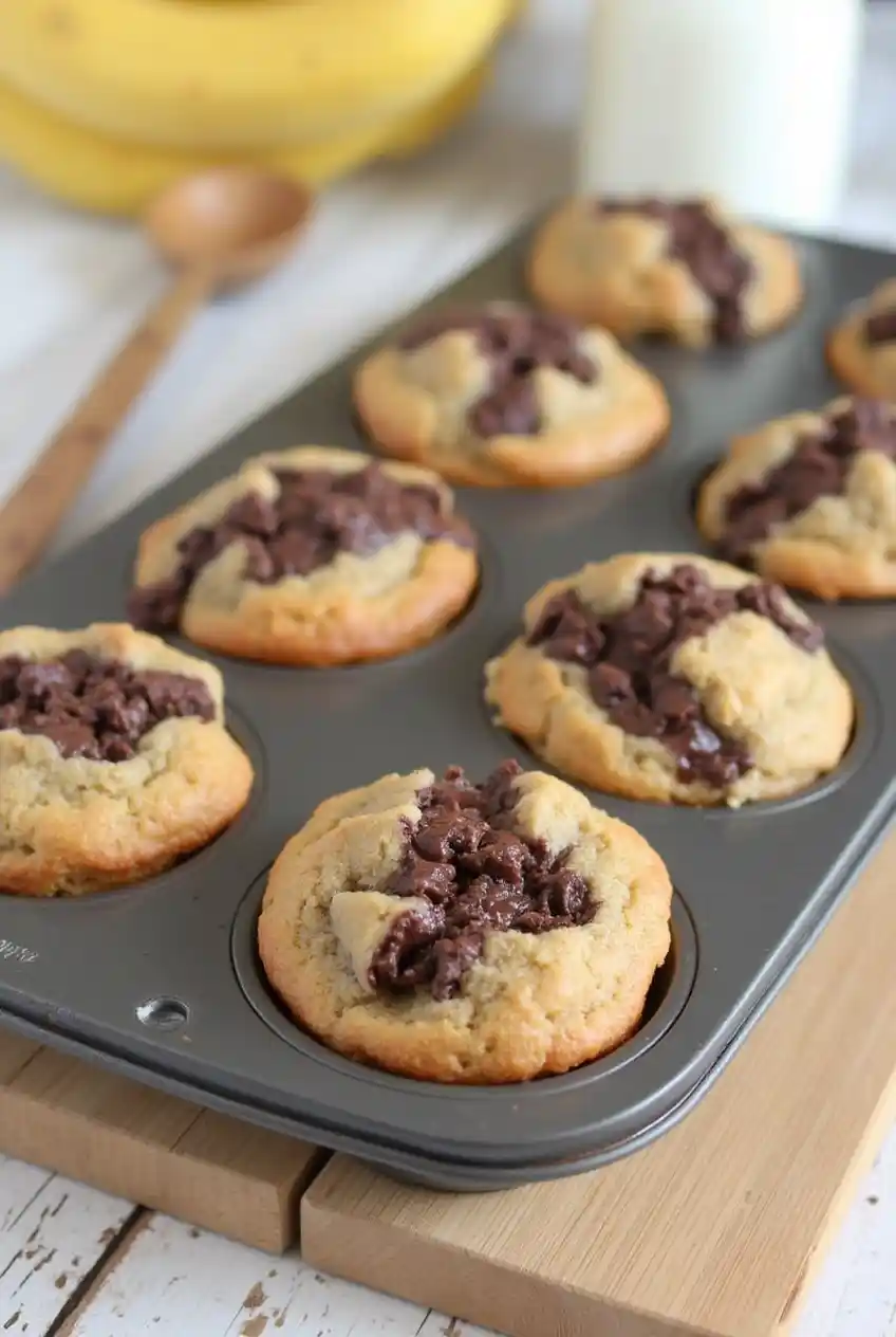 Banana Chocolate Swirl Muffins in a muffin tin with melted chocolate drizzled over the top