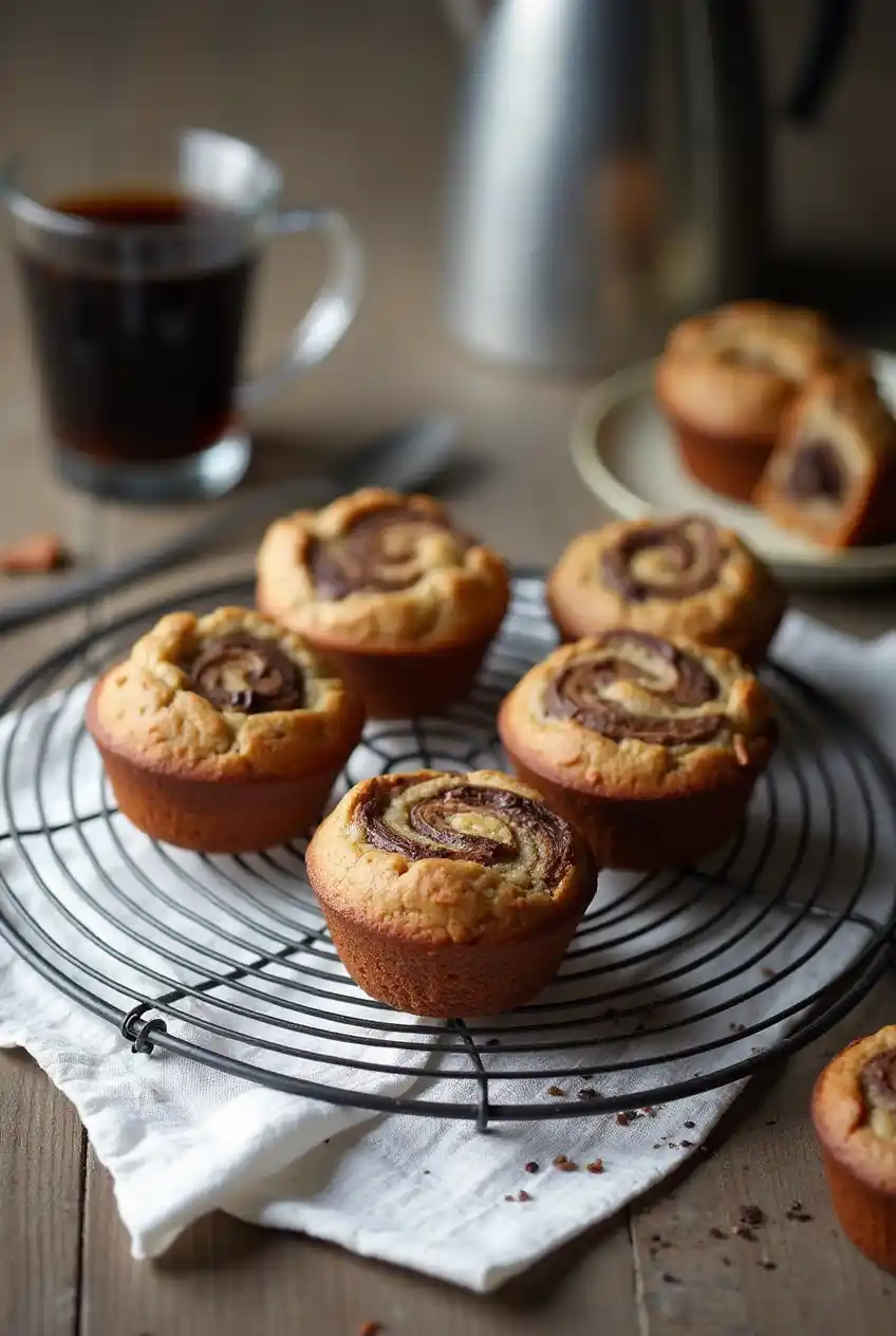 A close-up of a Banana Chocolate Swirl Muffin cut in half, showing its moist texture and rich chocolate marbling