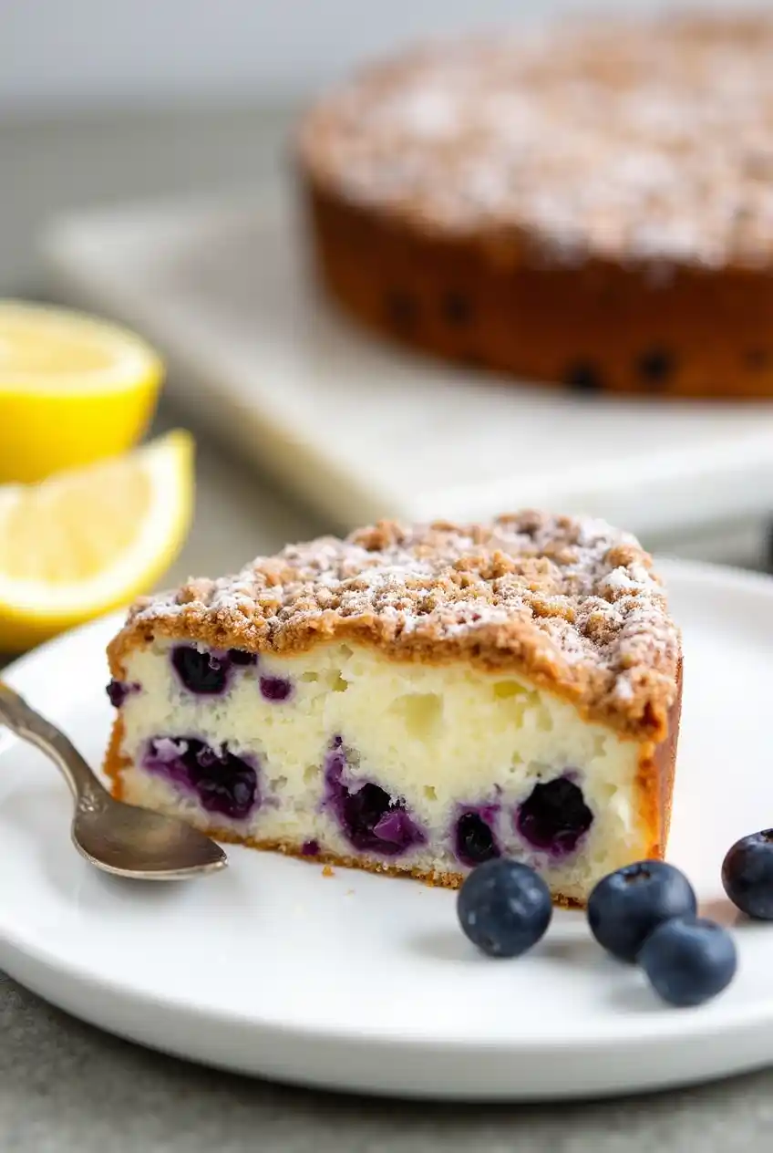 Blueberry coffee cake served on a rustic table with a cup of coffee, fresh blueberries, and a drizzle of glaze