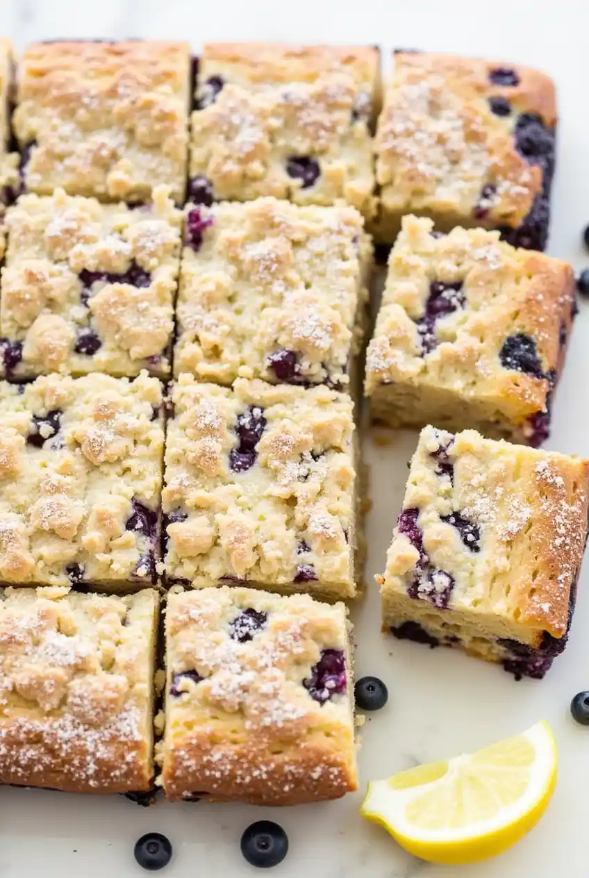 Close-up of a crunchy cinnamon streusel topping on a blueberry coffee cake, highlighting its texture and golden color