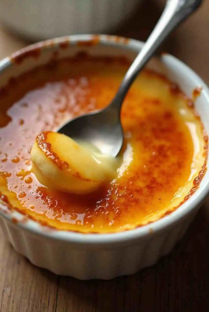 Golden caramelized sugar topping on a creamy Crème Brûlée dessert in a white ramekin, garnished with fresh berries