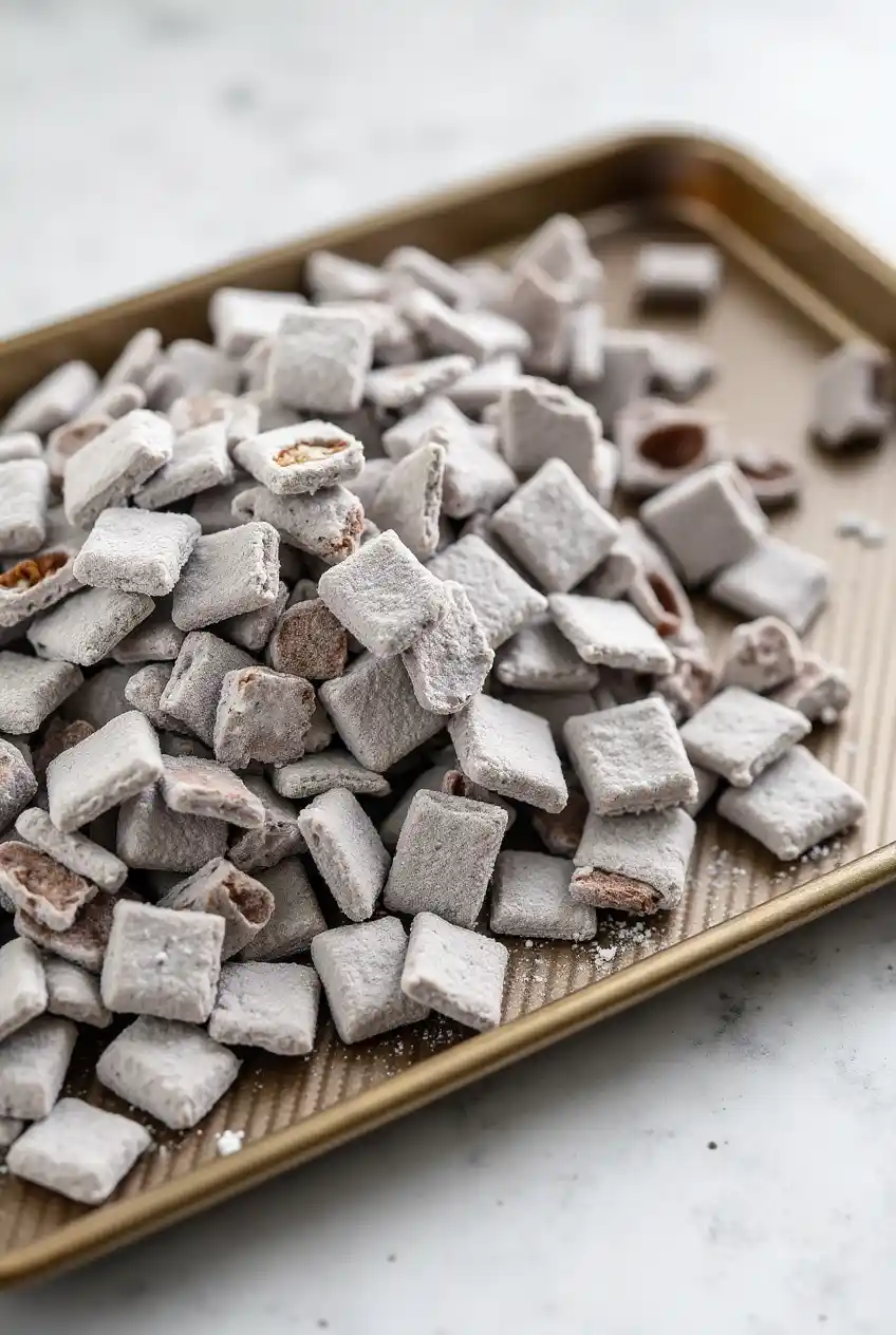 A bowl of Muddy Buddies with chocolate, peanut butter, and powdered sugar-coated cereal pieces
