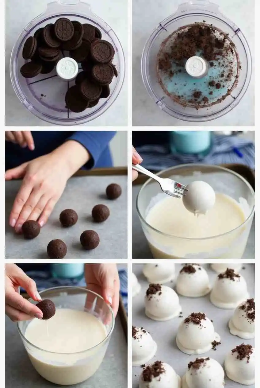 Beautifully arranged Oreo Balls drizzled with white chocolate, ideal for a dessert platter.
