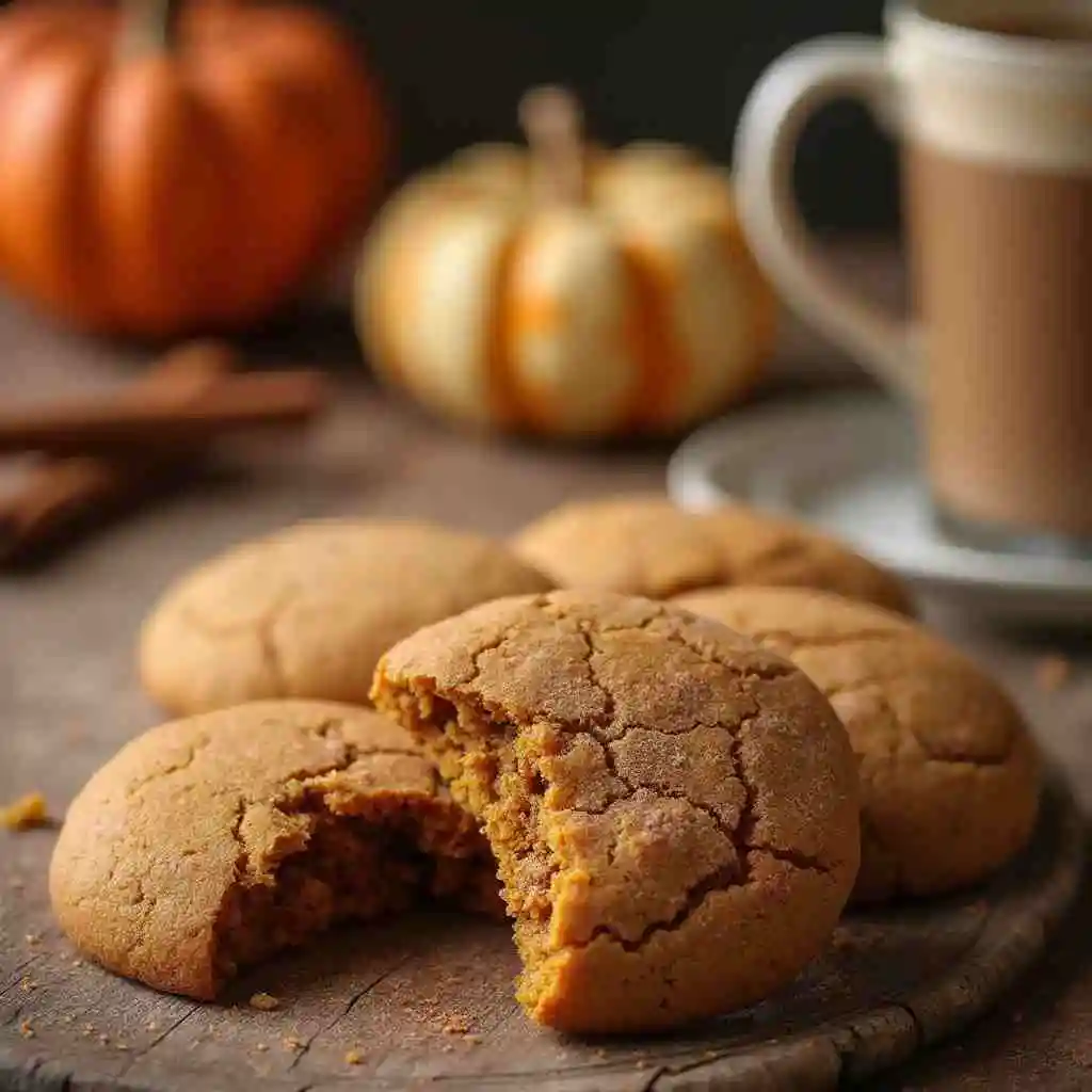 Stacked Pumpkin Snickerdoodles on a white plate with a glass of milk in the background