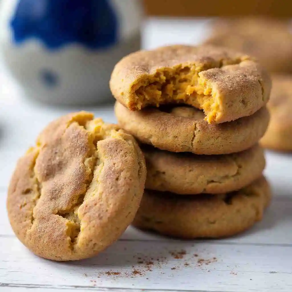 Freshly baked Pumpkin Snickerdoodles with cinnamon sugar coating on a rustic wooden table