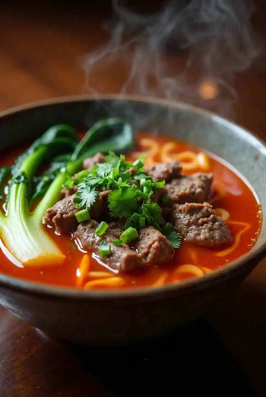 Authentic Taiwanese beef noodle soup with slow-simmered beef, aromatic broth, and fresh garnishes served in a rustic ceramic bowl.