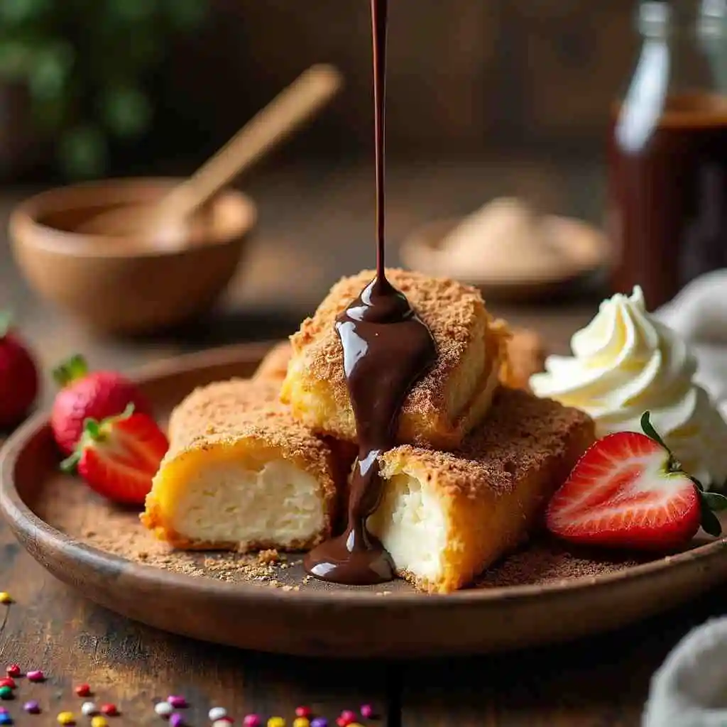 Golden fried Xango Dessert with creamy cheesecake filling, topped with chocolate syrup and whipped cream
