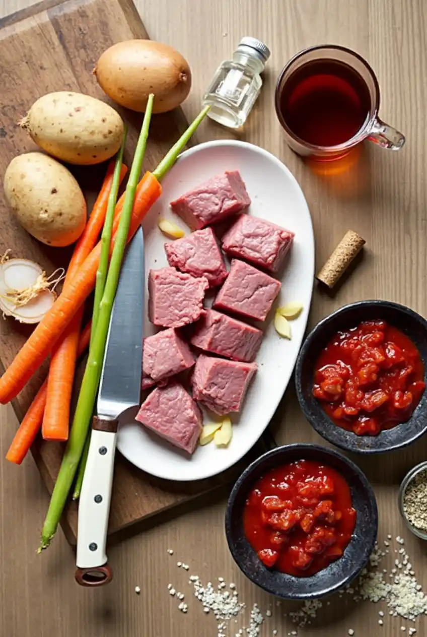 Beef stew served with crusty bread on the side