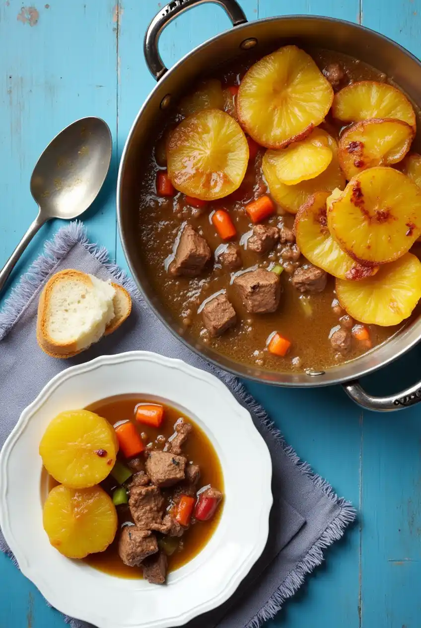 Close-up of beef stew with carrots and potatoes.