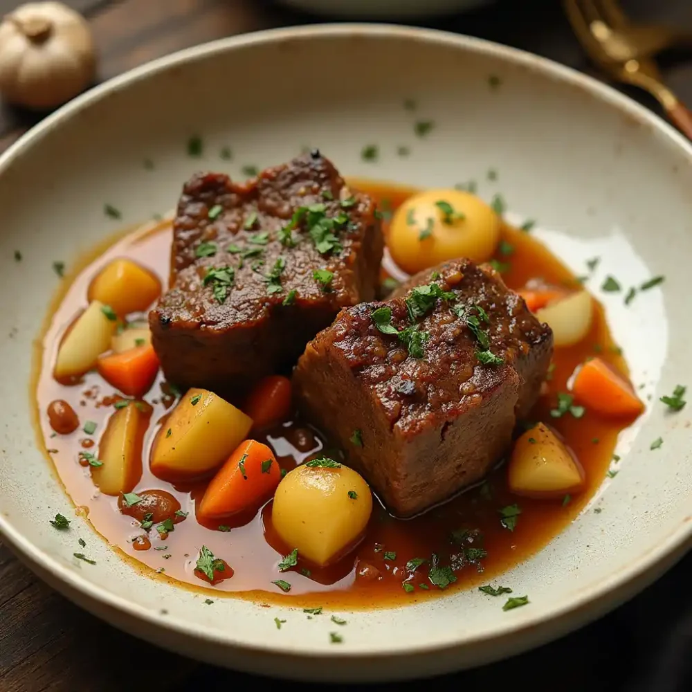 Hearty beef stew with vegetables in a rustic bowl.
