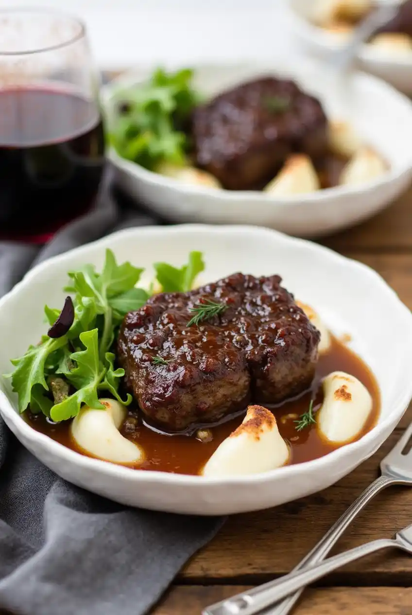 Beef stew garnished with fresh herbs in a cozy kitchen setting.