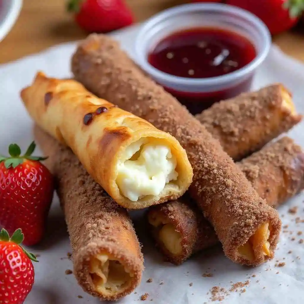 Homemade cheesecake chimichangas served with a side of whipped cream and strawberries.