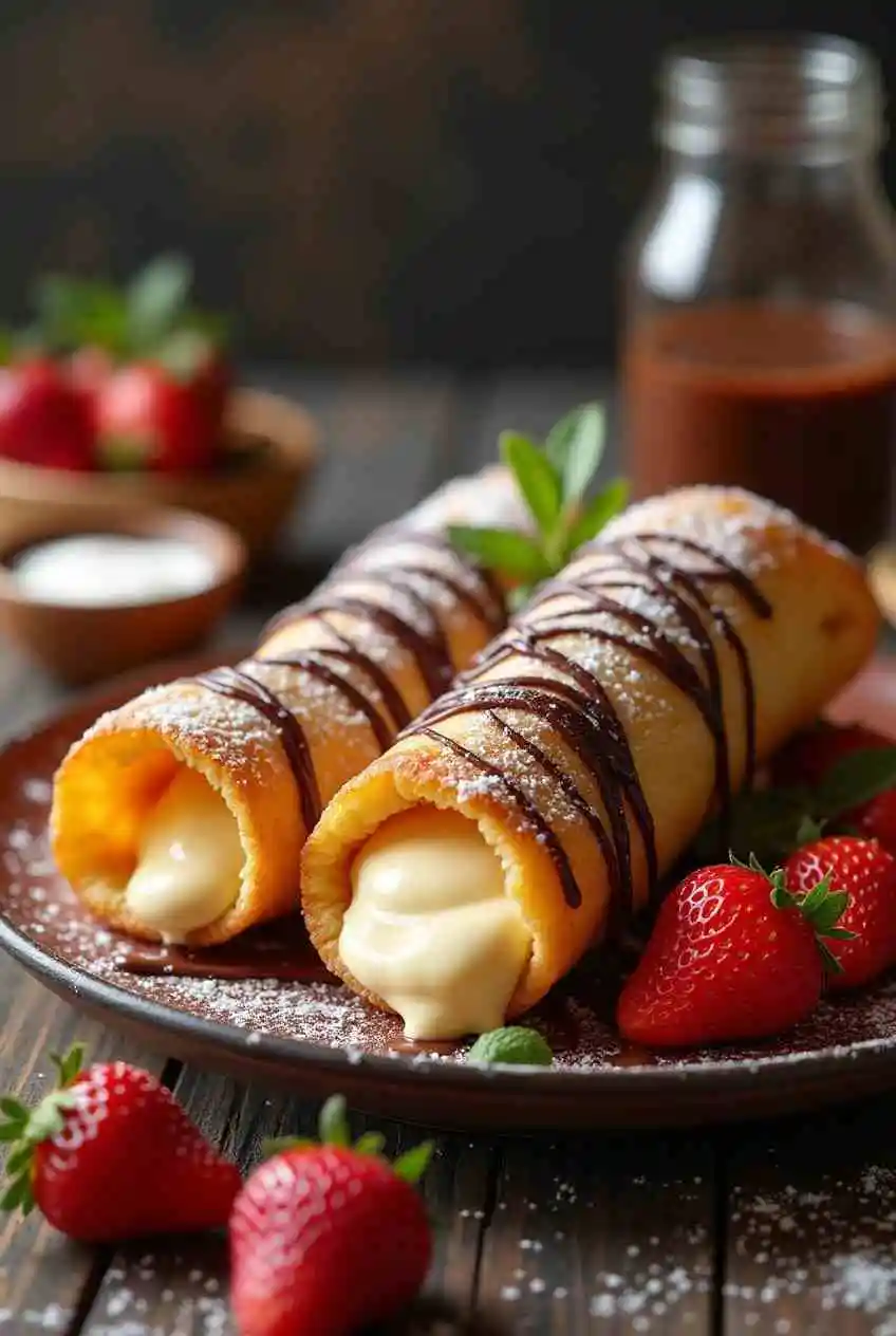 Crispy fried cheesecake chimichangas topped with fresh berries and chocolate sauce