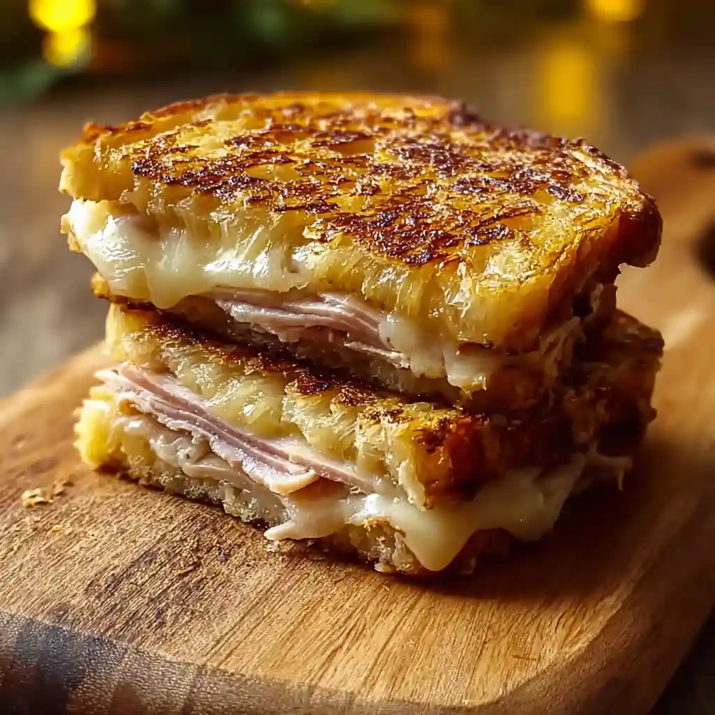 Hash Brown Hawaiian Toastie Crispy Sweet and Savory 4 Hash Brown Hawaiian Toastie being assembled